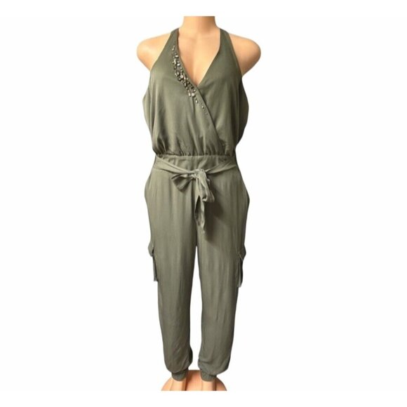 Venus Olive Green Sleeveless Jumpsuit With  Rhinestone Embellishment Neckline L - Picture 7 of 12